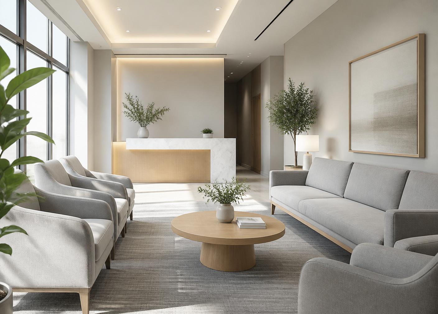 Calm, softly lit waiting lounge at BrightSmile Dental